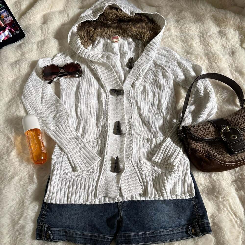 Mossimo Supply Co. Hooded Cardigan Size M White Faux Fur Lined Knit Sweater